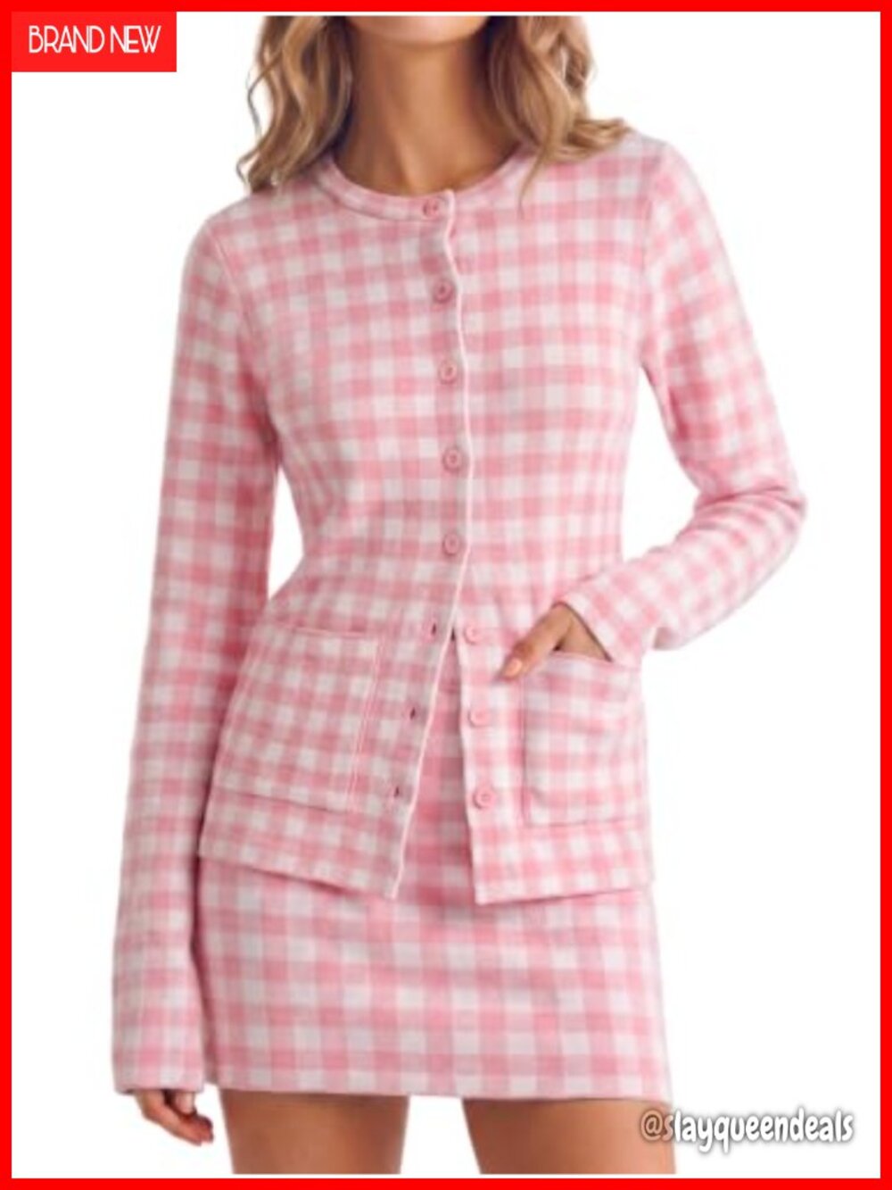 Womens Gingham Knit Cardigan & Mini Skirt Set Button Front Bodycon